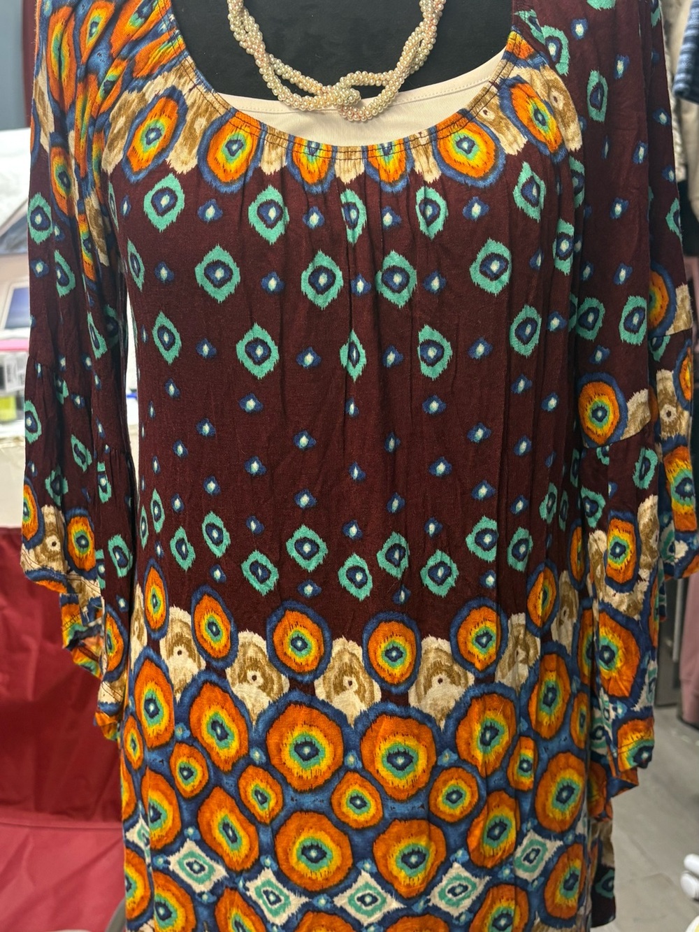 Bohemian Scoop-Neck Women's Tunic/Dress in Burgundy with Teal & Orange Accents